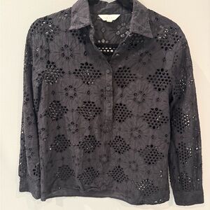 ADIVA 100% Cotton Black Floral Eyelet Lace Collared Button Blouse Size S